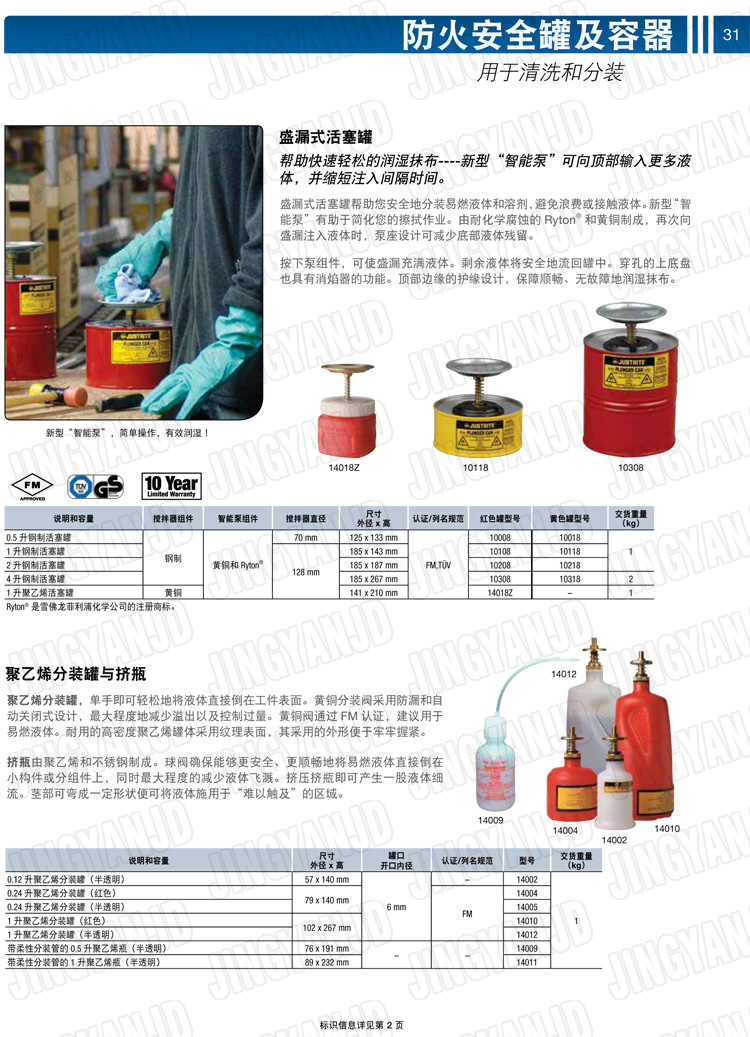 美國(guó)杰斯瑞特，JUSTRITE，活塞安全罐，盛漏式活塞罐，化學(xué)品分裝罐，